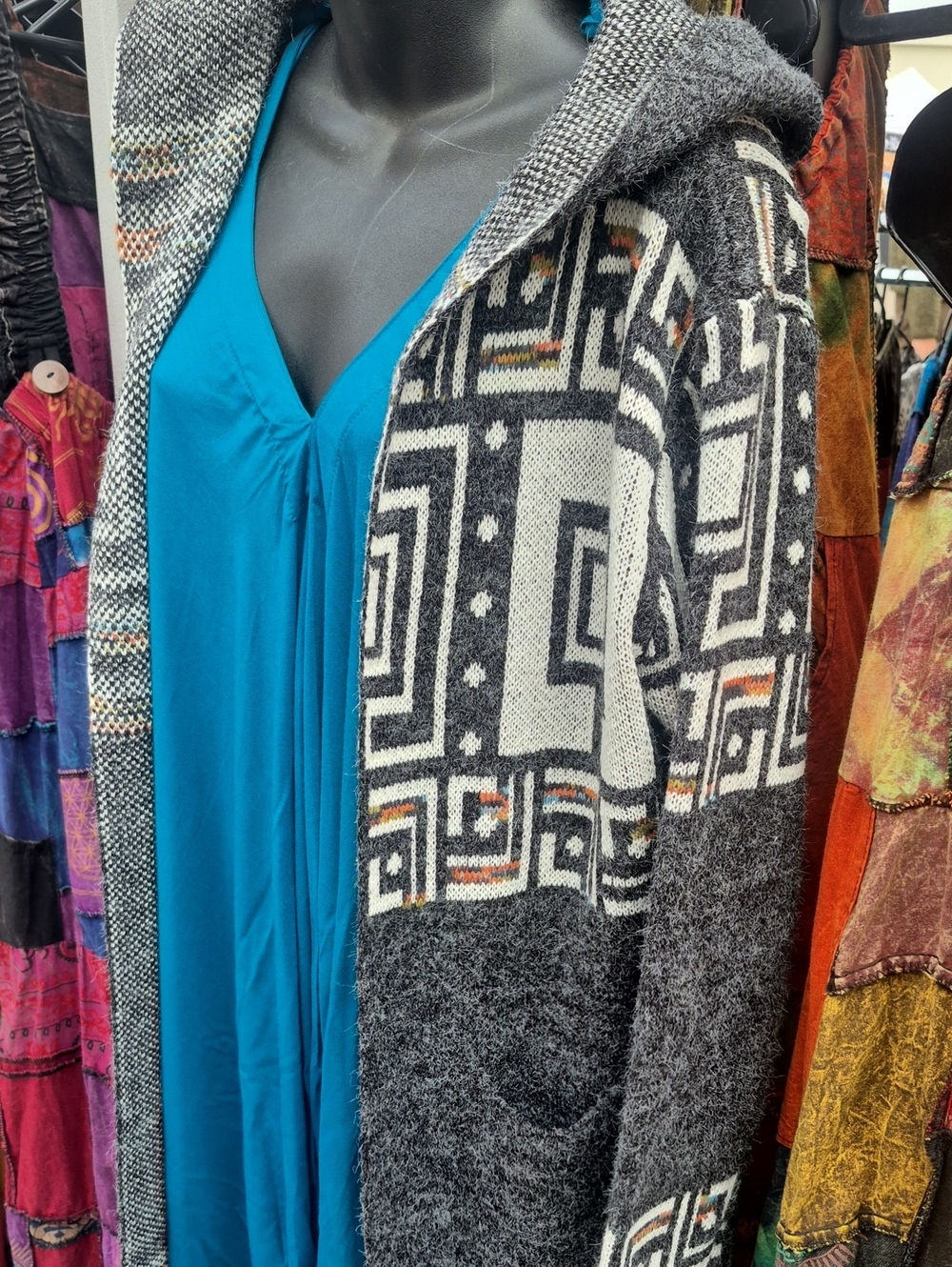 Gray Hooded Geometric Knit Sweater Cardigan - Women